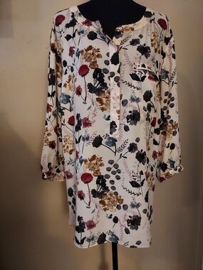 New York & Company Cream Floral Blouse with Multi-Color Blooms